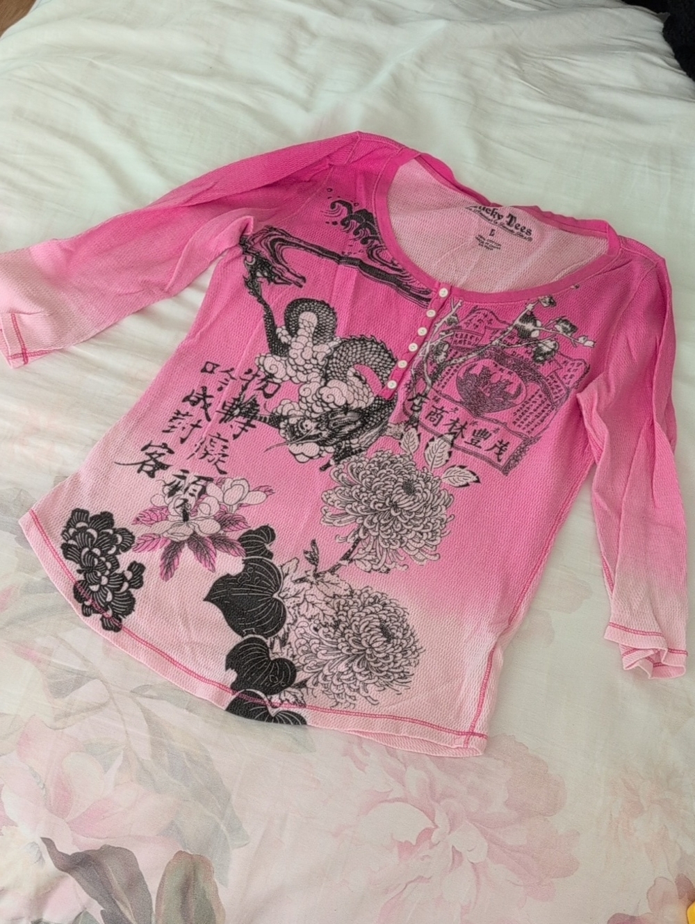 Lucky Brand Pink Ombre Floral Dragon Henley Long Sleeve Top